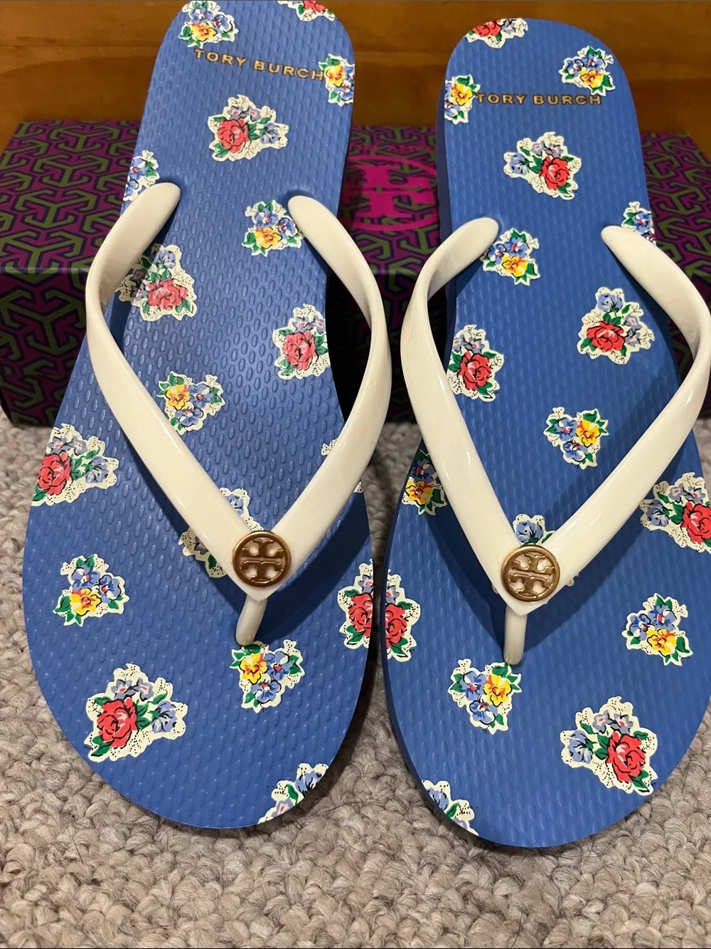 Tory Burch Blue Floral Flip Flops with White Straps
